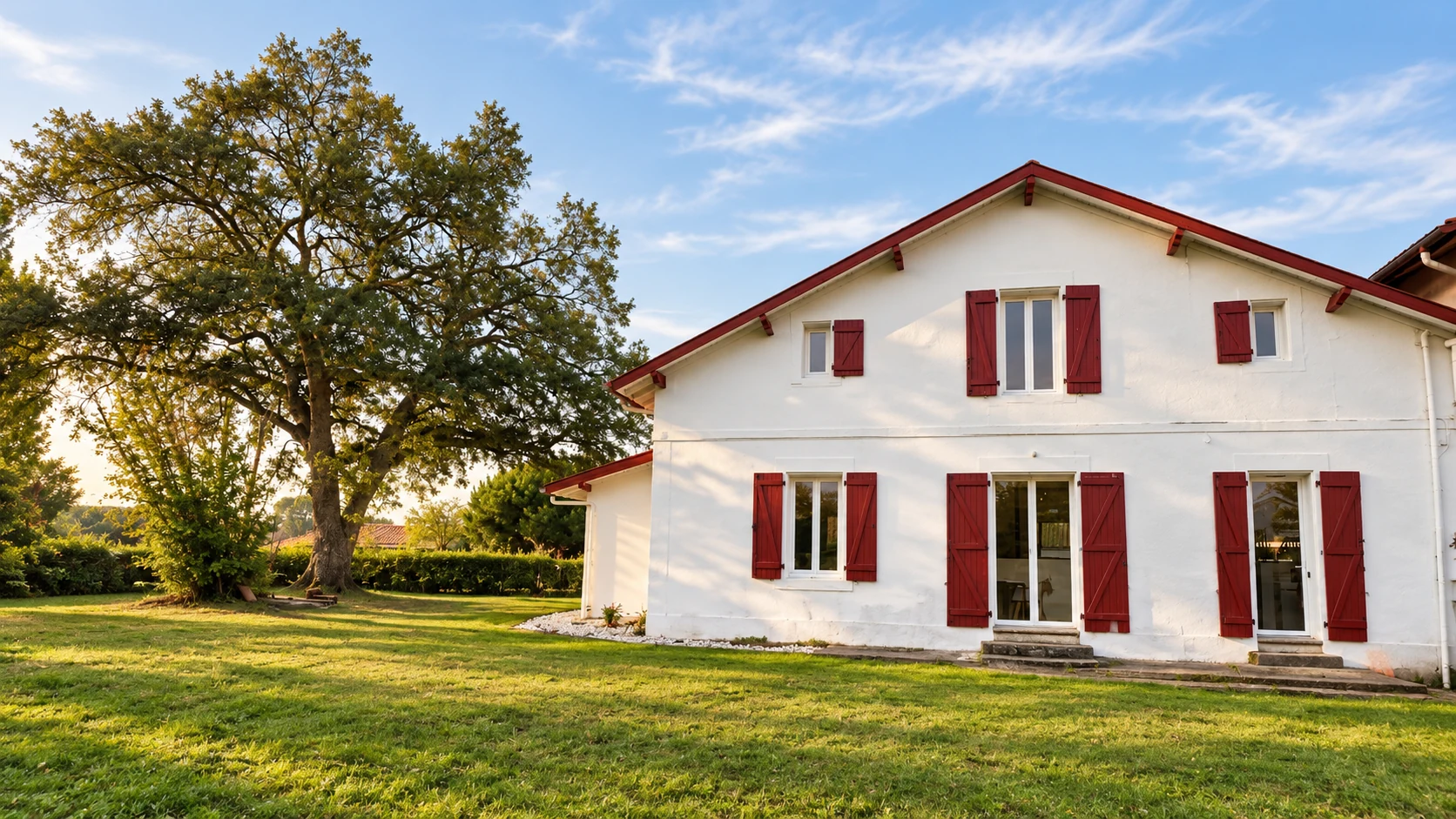 La façade blanche et les volets rouges des bureaux de L’Arrayade, vus depuis le jardin